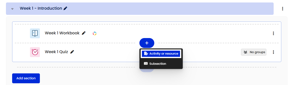 Moodle - Add Content Button - Activity or Resource